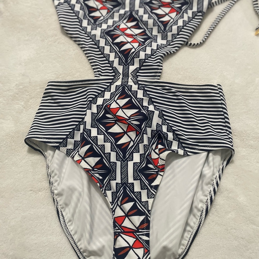 Tory Burch White and Blue Bikini with Geometric Design